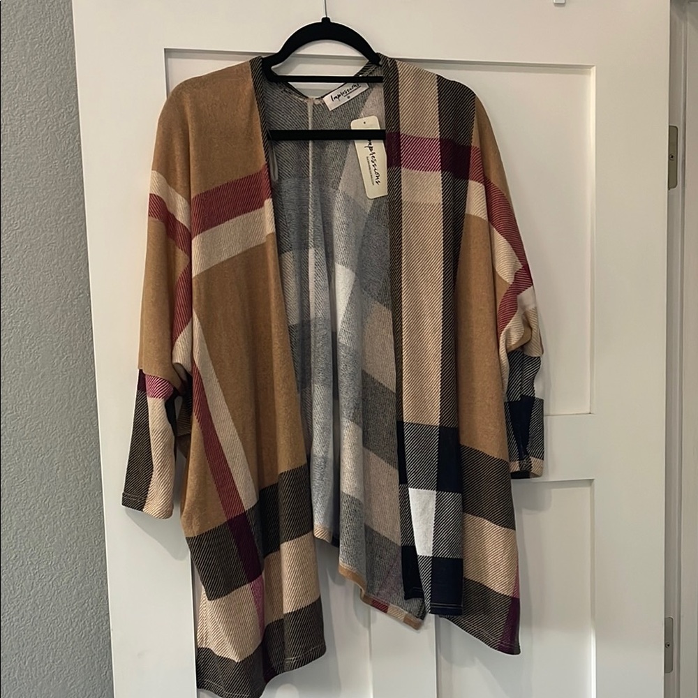 Impressions Plaid Open Front Cardigan Sweater